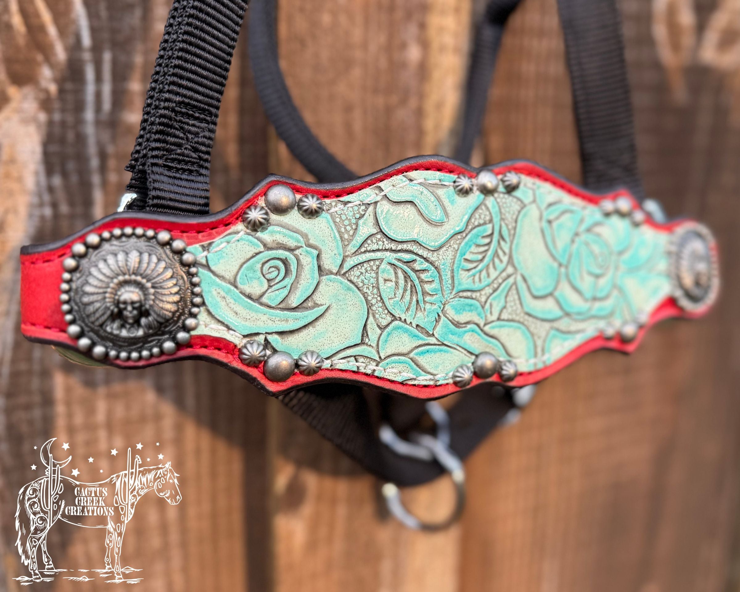 Red/Mint Rose Print Bronc Nose Halter