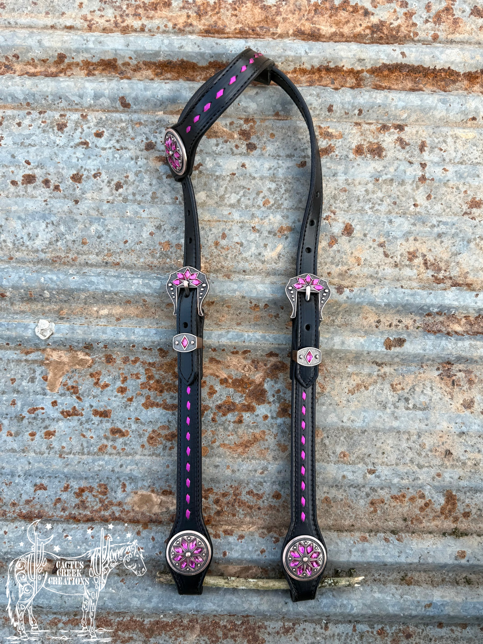 Black Headstall w/ Metallic Fuchsia Buckstitch
